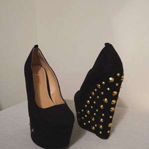Black Wedged Heels with Gold Grommets